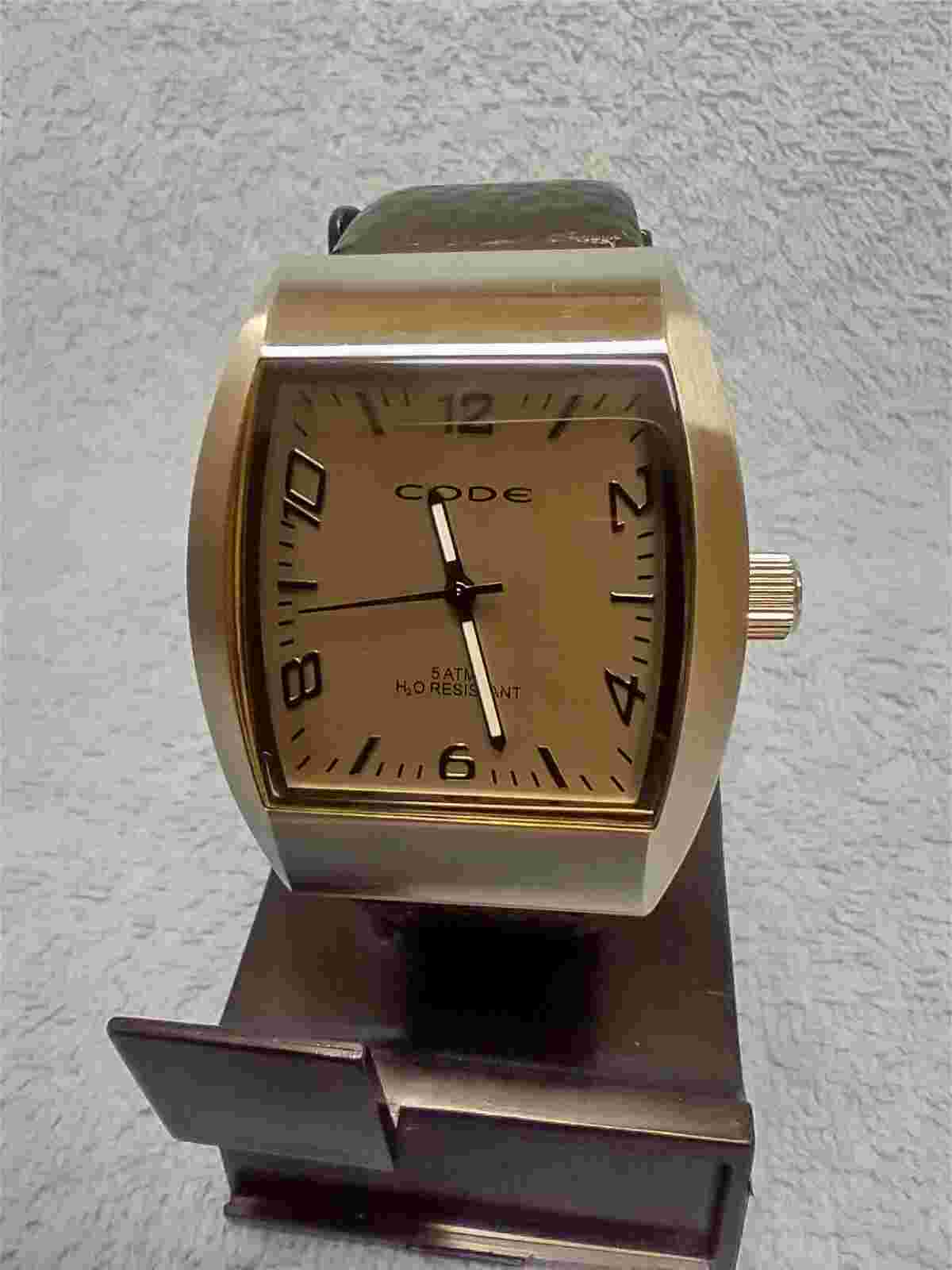 CODE RARE MEN'S RECTANGULAR CURVED ALL S/S JAPANESE MOVEMENT BLACK LEATHER WATCH