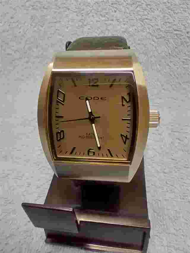 CODE RARE MEN'S RECTANGULAR CURVED ALL S/S JAPANESE MOVEMENT BLACK LEATHER WATCH