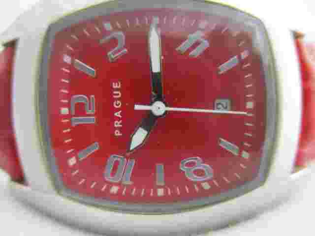 Prague Analog Watch Silver Tone Red Band All Stainless Steel Date Indicator
