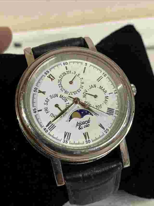 Men's PICARD & CIE All Stainless Steel Moon Phase Watch, Black Leather, 40mm