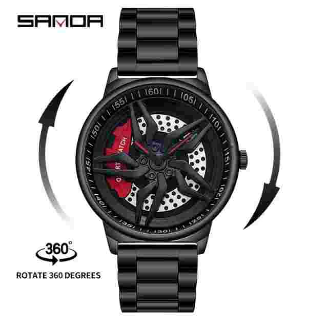 SANDA Wheel Rotating Dial Quartz Racing Mens Stainless Waterproof Luminous Watch