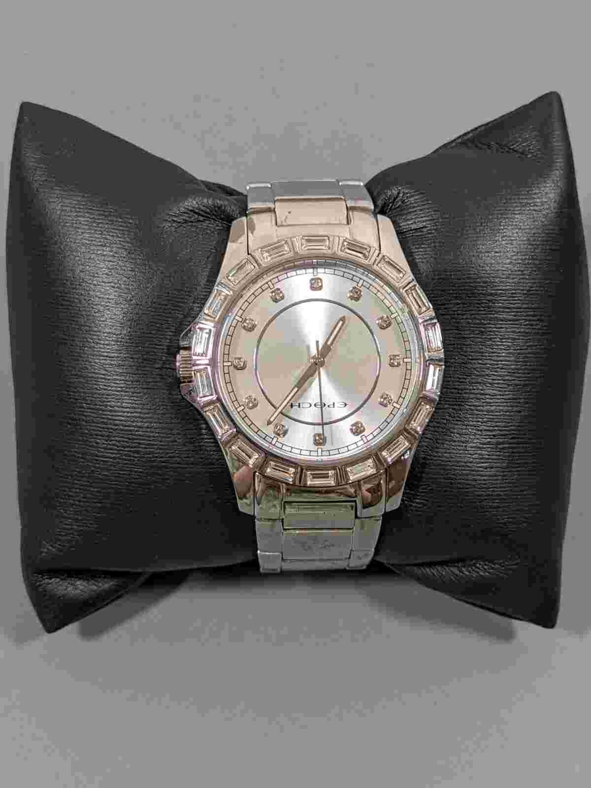 Epoch Womans Crystal Accent Silver Tone Round Case Stainless Band Watch 6 in