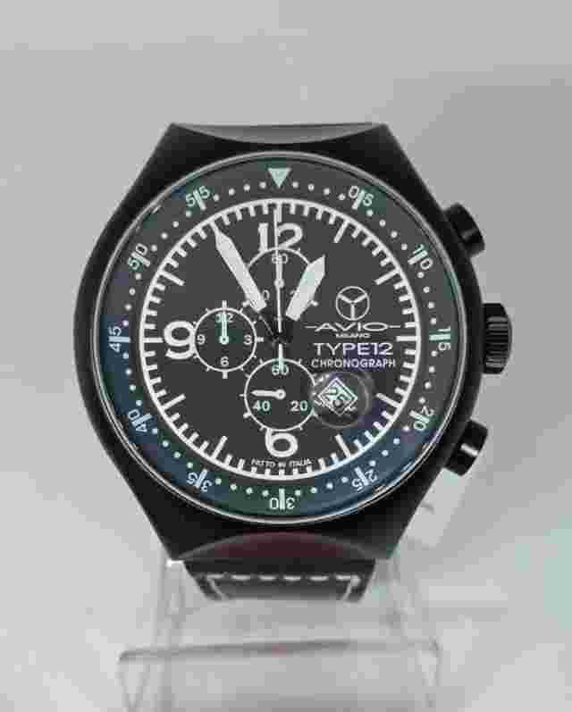 Men's Chronograph Watch, Avio Milano, Type12, Aviator, Black Aluminum Case 45mm