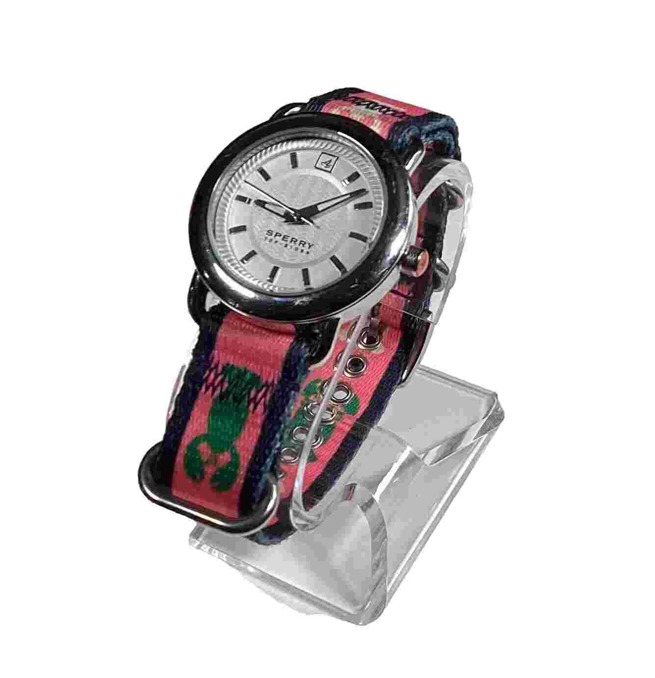 Sperry Topsider 103261 Womens Watch Silver Pink Lobster Fabric Band New Battery