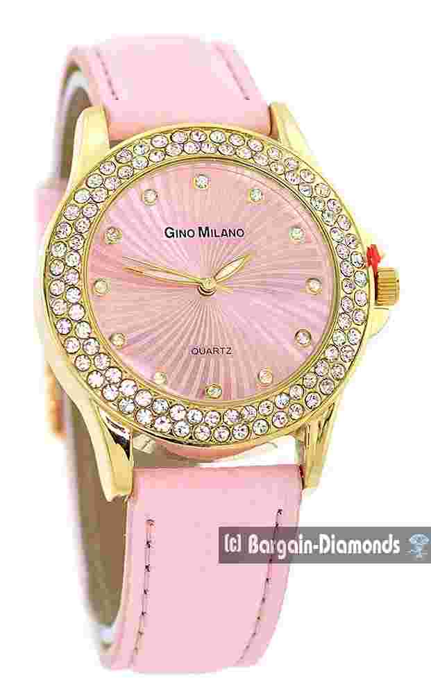 Ladies Gold tone CZ Pink Party Watch Pink Dial Pink Leatherette Strap 7"-8.5"