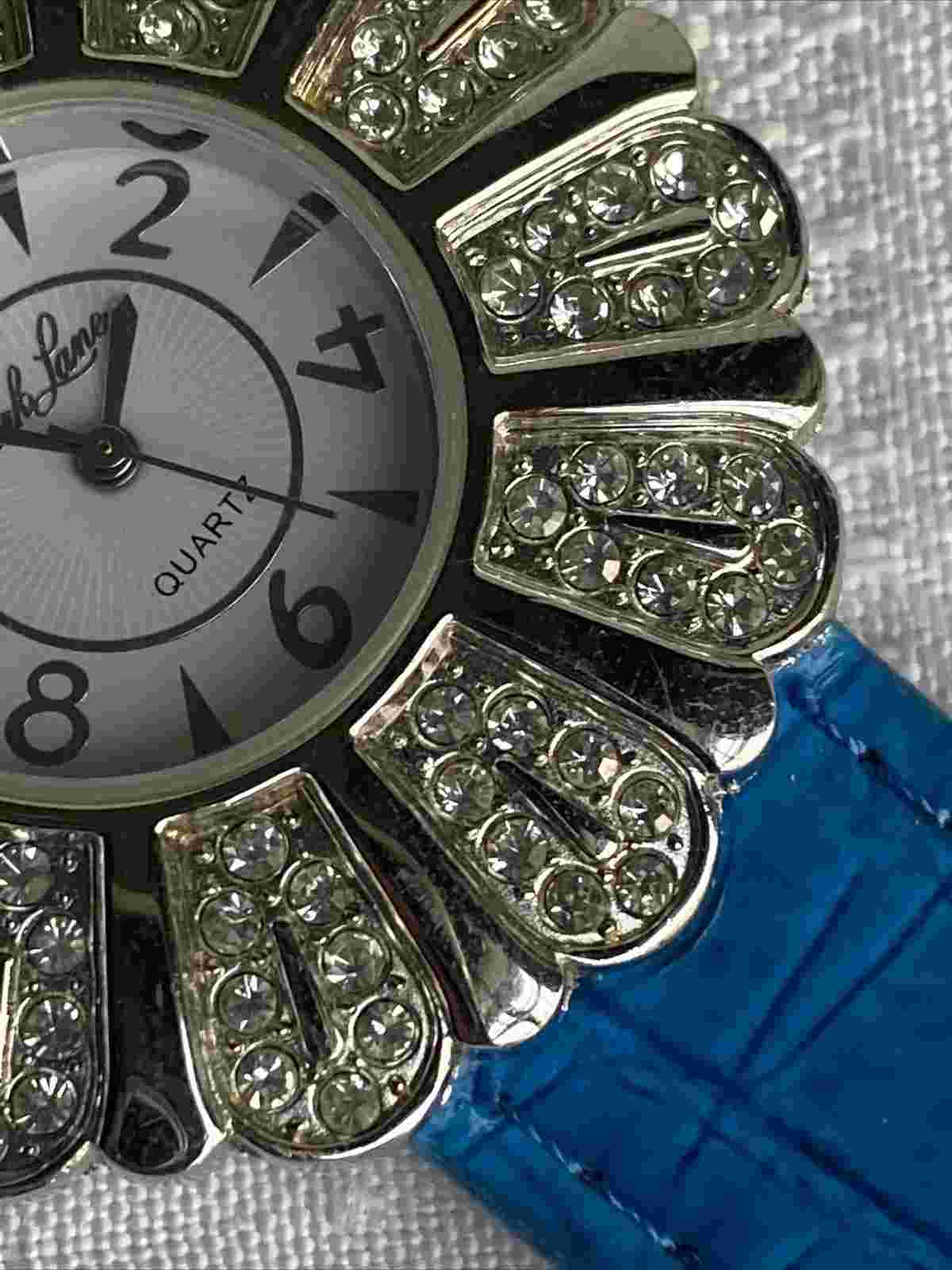 Park Lane Watch Signed SilverTone Swarovski Clear Pave Flower Blue Leather Band