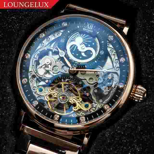Mens Luxury Bling Dual Time Skeleton Automatic Mechanical Watch Stainless Steel