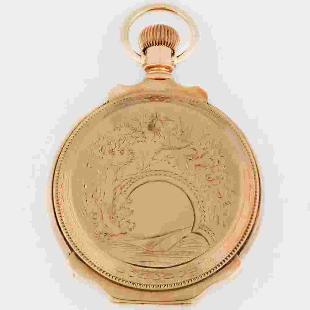 Waltham 14K Gold 18s Mod 1883 15j Box Hinge Hunter Case Deer / Elk Drinking 54mm