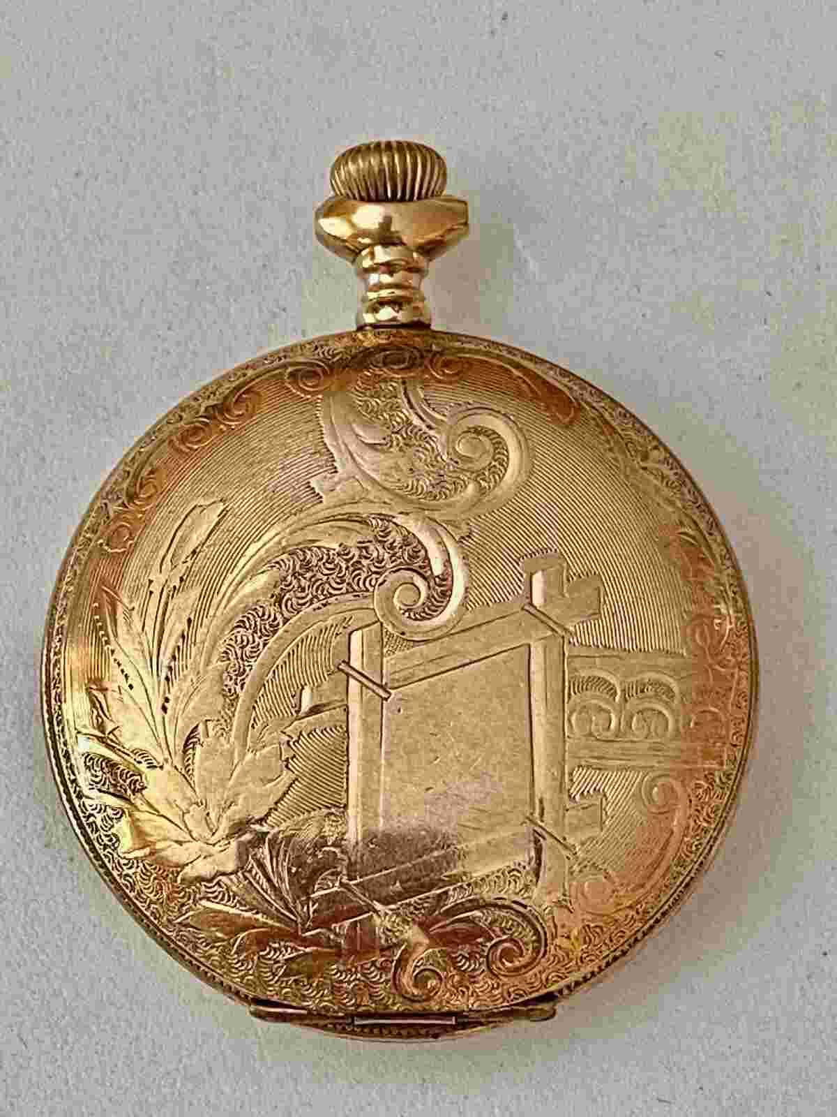 ORNATE EMPRESS GOLD FILLED POCKET WATCH CASE FLORAL CABIN MOTIF