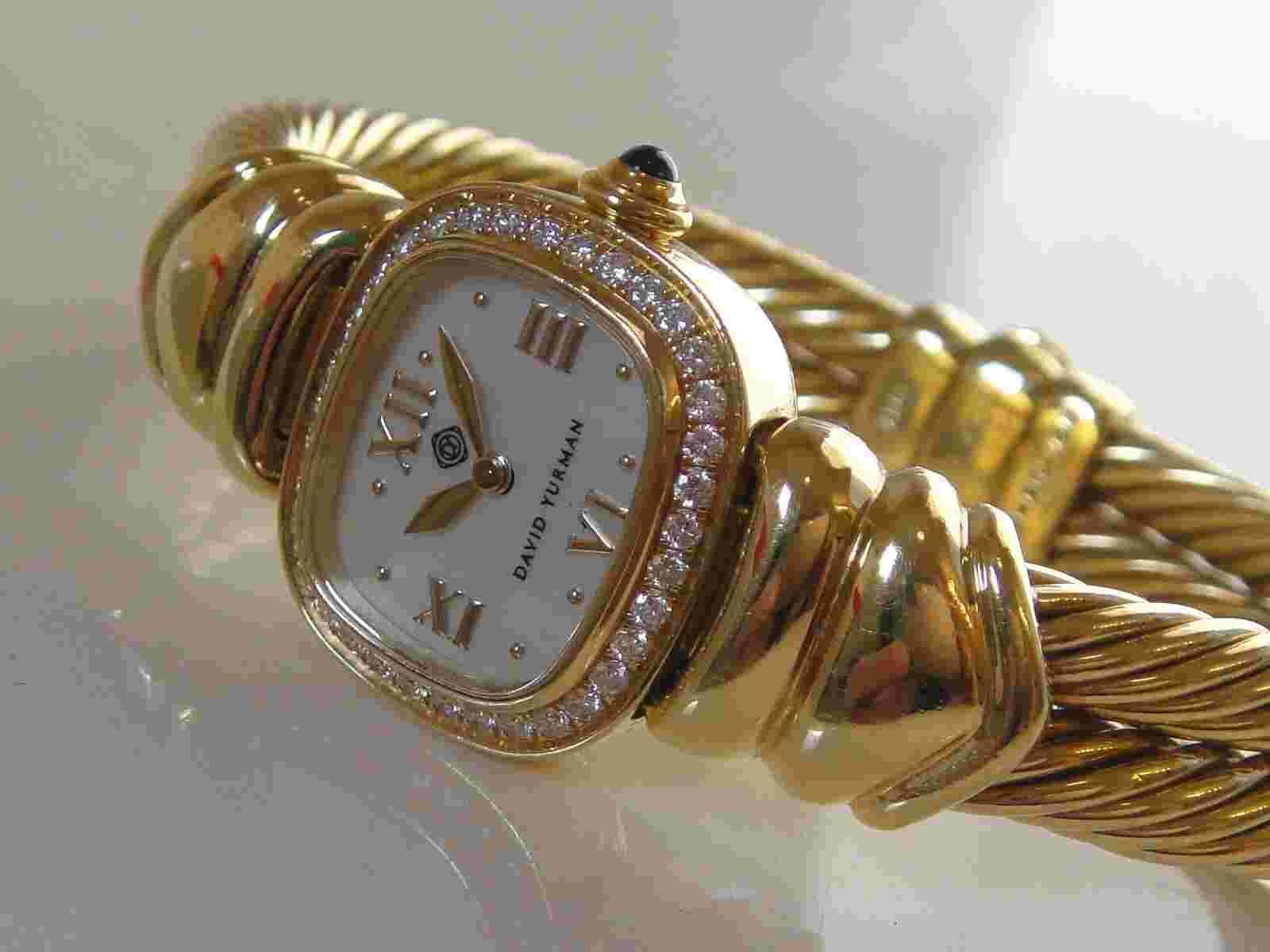 $18650 DAVID YURMAN 18K GOLD DIAMOND CASE DOUBLE CABLE BRACELET WATCH