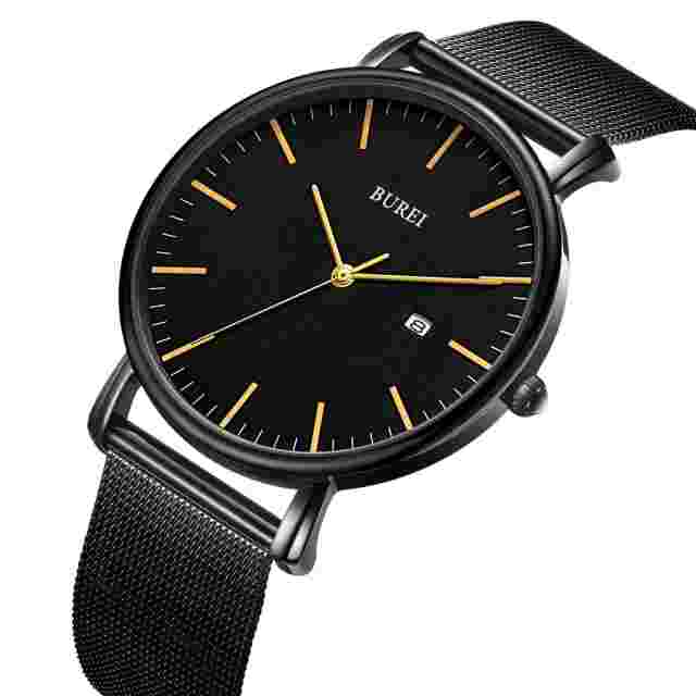 BUREI Men Wrist Watches Fashion Minimalist Analog Mesh Quartz Waterproof Watc...