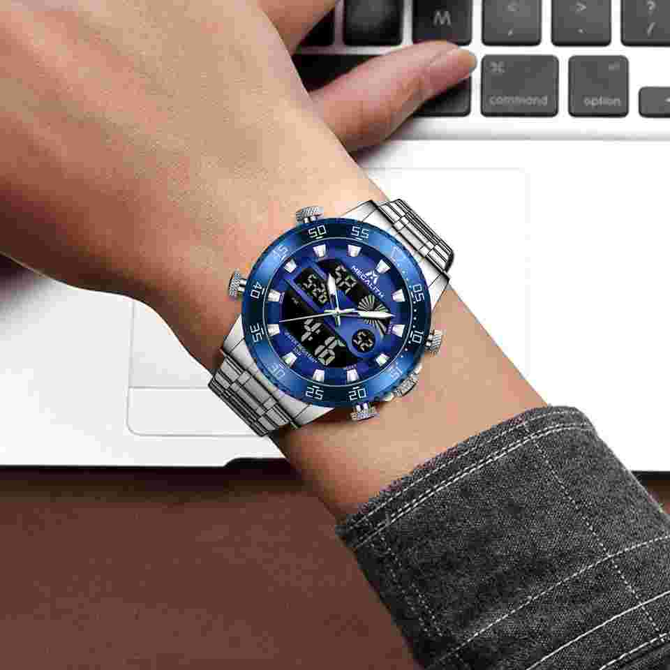 Mens Watch Digital Waterproof Silver Stainless Steel Blue Big Face LED Analog...