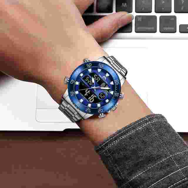 Mens Watch Digital Waterproof Silver Stainless Steel Blue Big Face LED Analog...