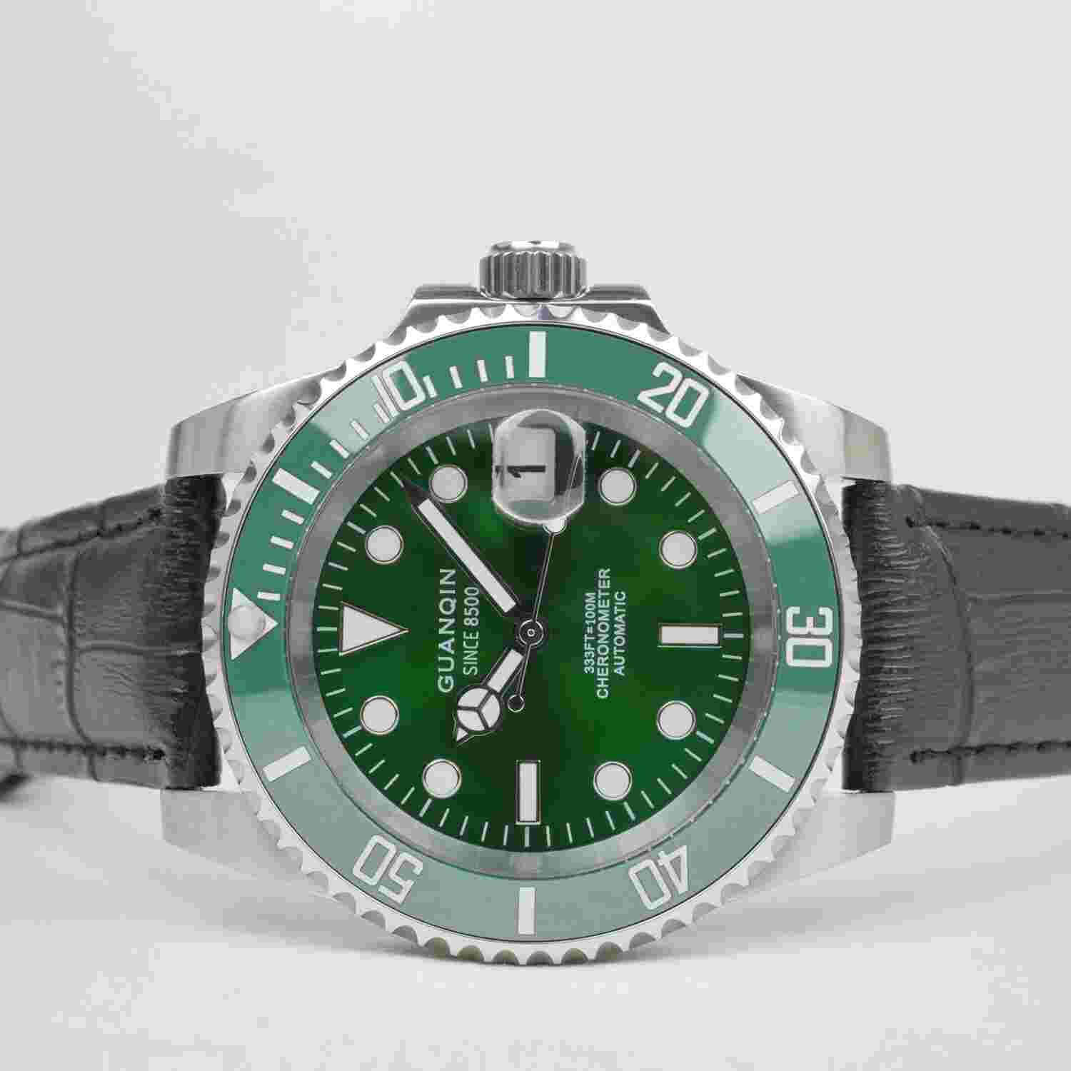 Guanqin Automatic Men's Watch Black Leather Strap / Green Dial GJ16133