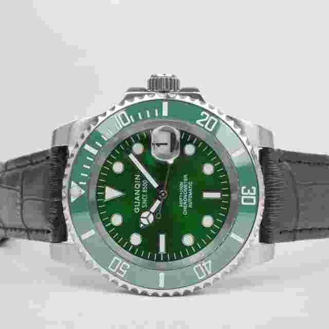 Guanqin Automatic Men's Watch Black Leather Strap / Green Dial GJ16133