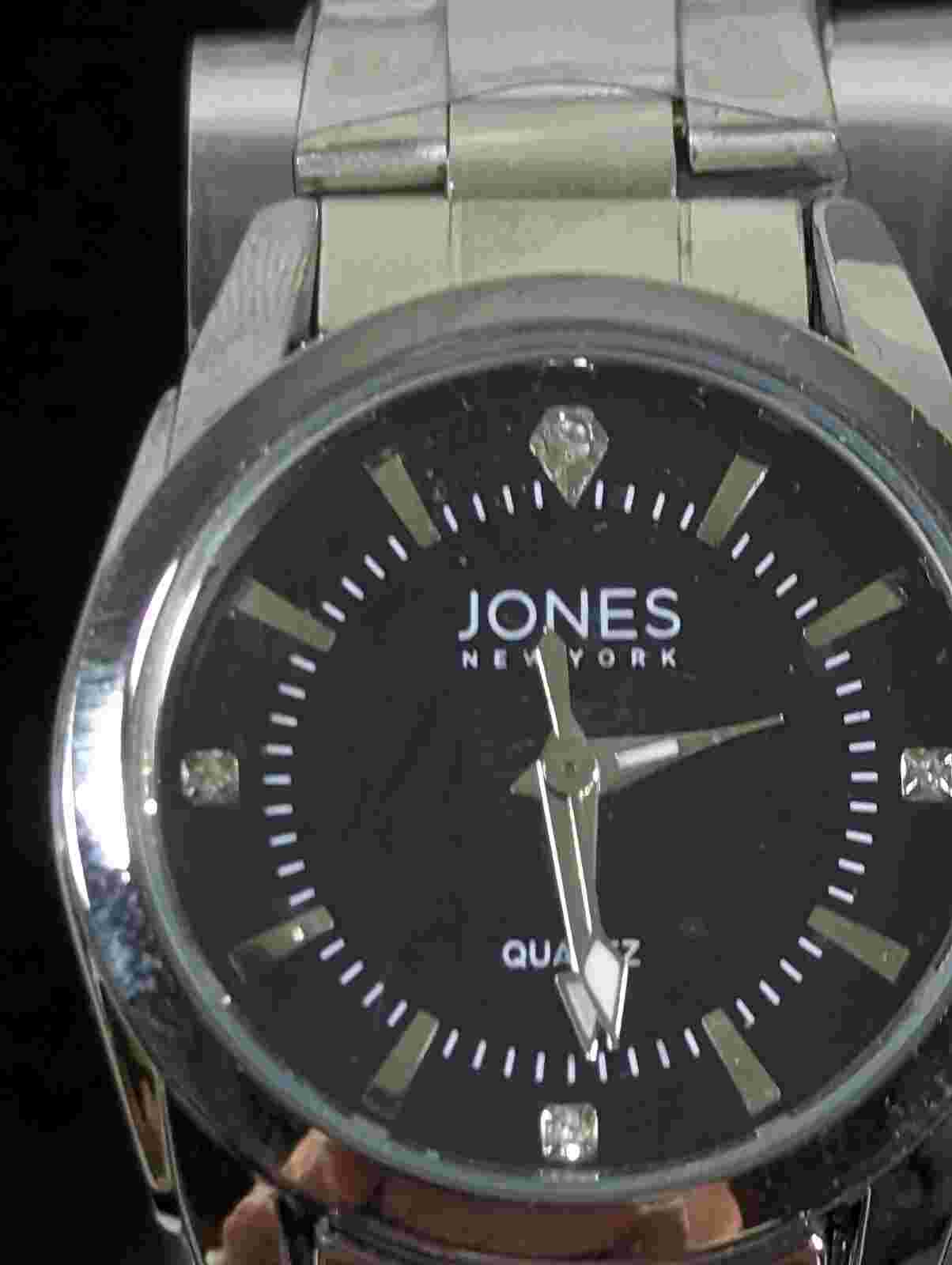 Jones New York Black Dial Silver Tone Stainless Steel Band Watch NEW 7.5 Inch