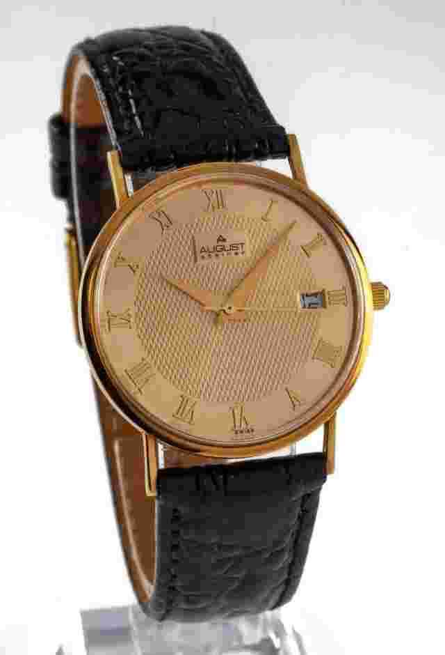 14k Yellow Gold August Steiner Men's Quartz Watch w/ Leather Band Box + Papers