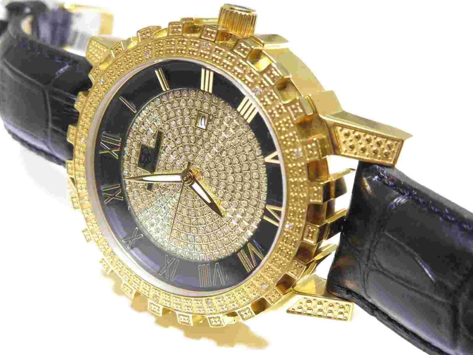 Mens Stainless Steel Yellow Gold Plated Super Techno .05ct White Diamond Watch