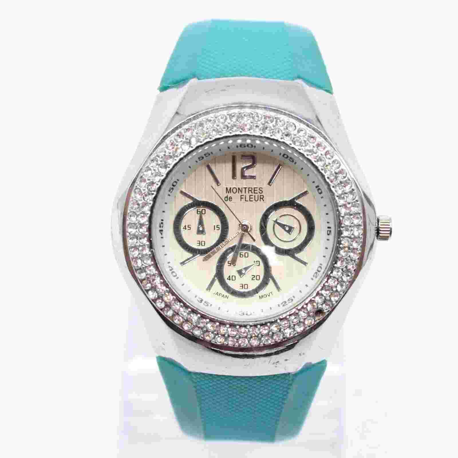 Montres De Fleur Watch Womens Silver Tone Stainless Steel Blue Rubber Band