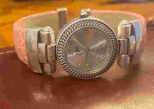 Women's 27mm J Jill Watch, Silver Tone with Pink Leather Wrapped Bangle Bracelet