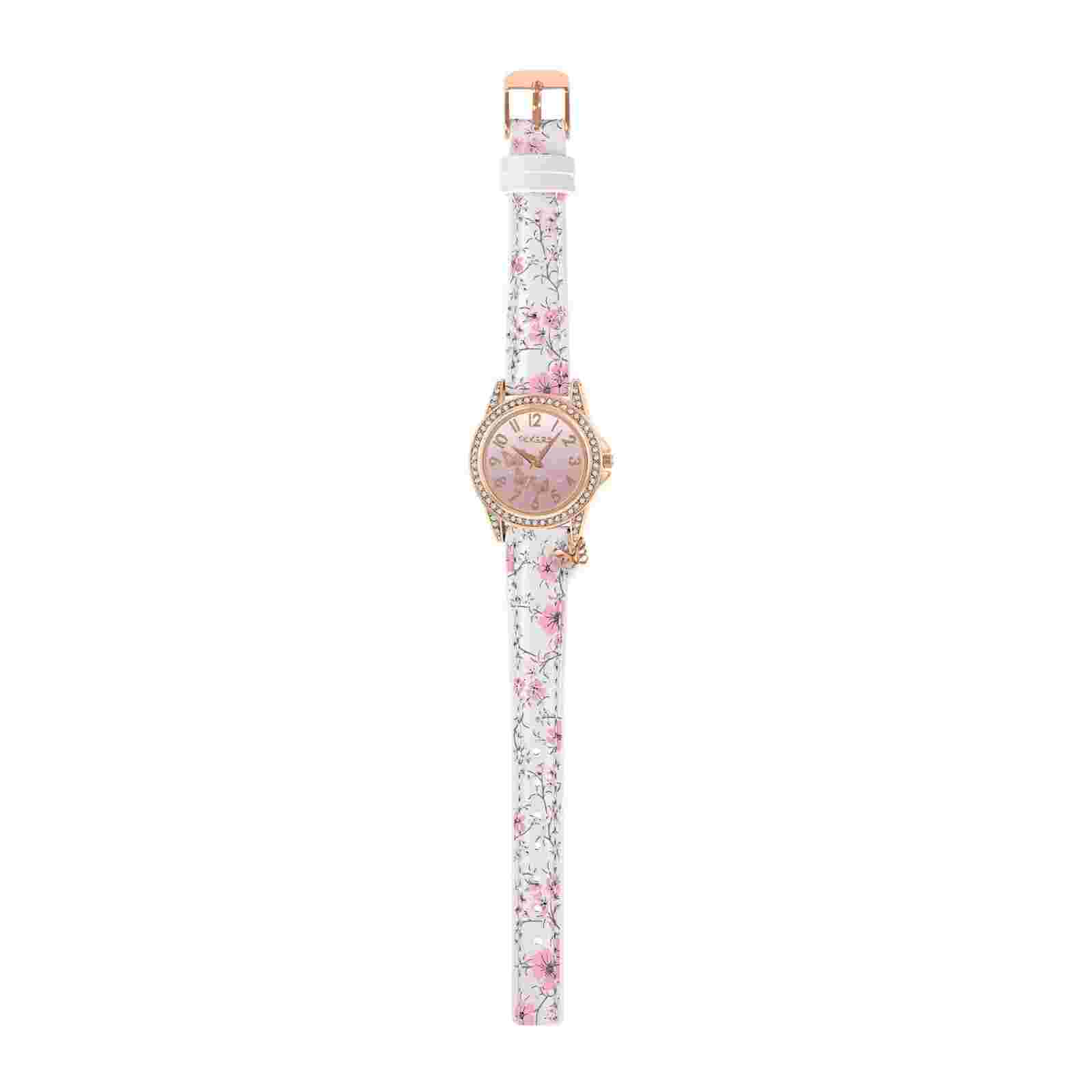 Tikkers Flower Print Strap Rose Gold Case Butterfly Charm Watch - NTK0029