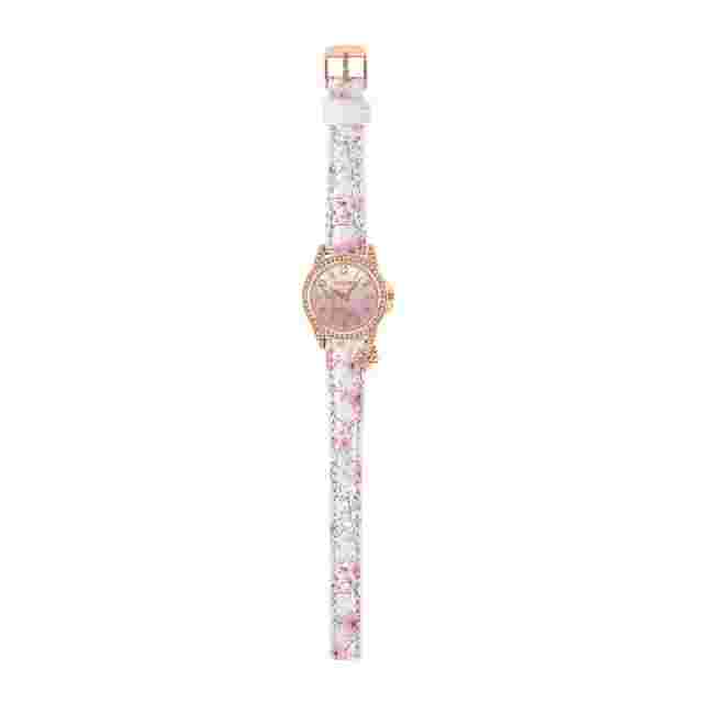 Tikkers Flower Print Strap Rose Gold Case Butterfly Charm Watch - NTK0029