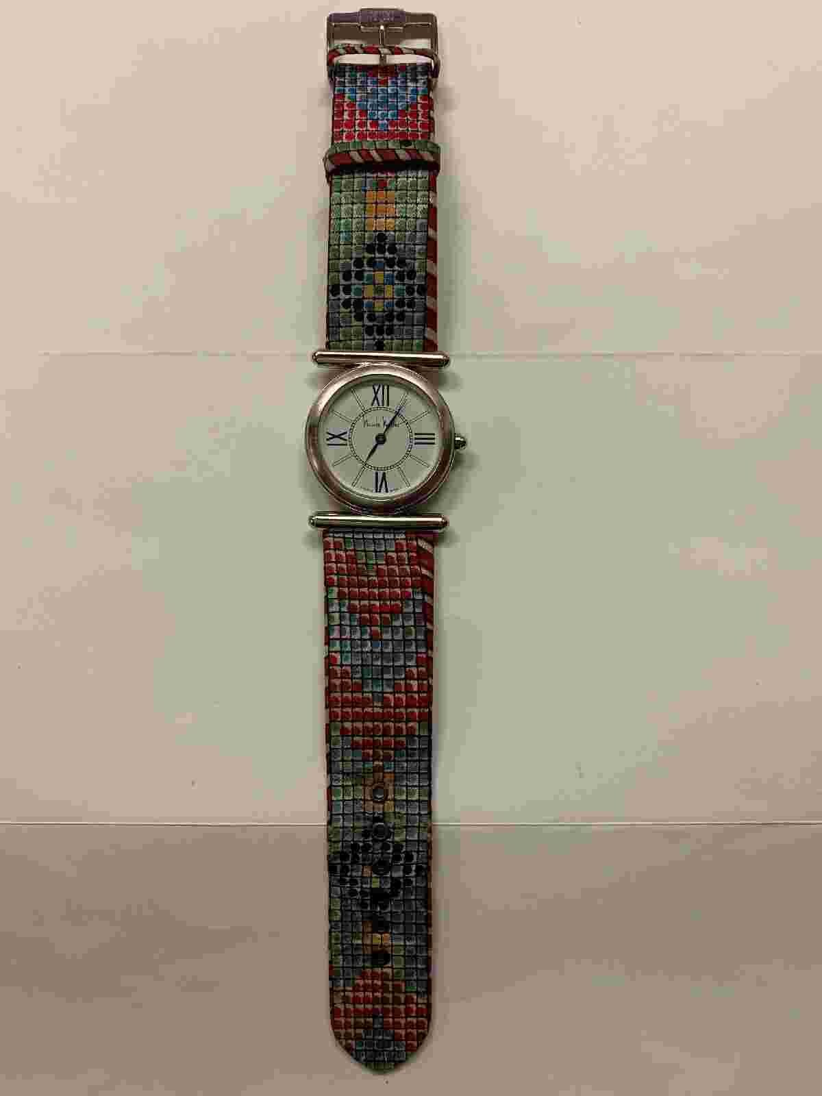 NICOLE MILLER “Time Flies” Silvertone 90’s Watch Swiss Movement Mosaic Pattern