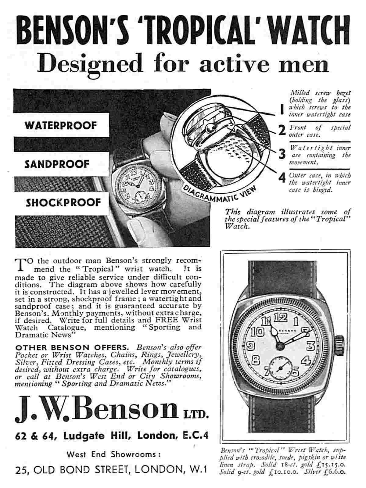 J. W. Benson's 'Tropical' 9 ct. Gold Borgel Cushion-shape Vintage Wristwatch