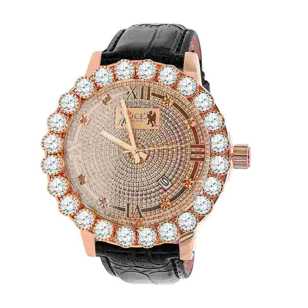 Men's Real Diamonds Dial Solitaire Bezel Rose Gold Genuine Leather Iceouse Watch