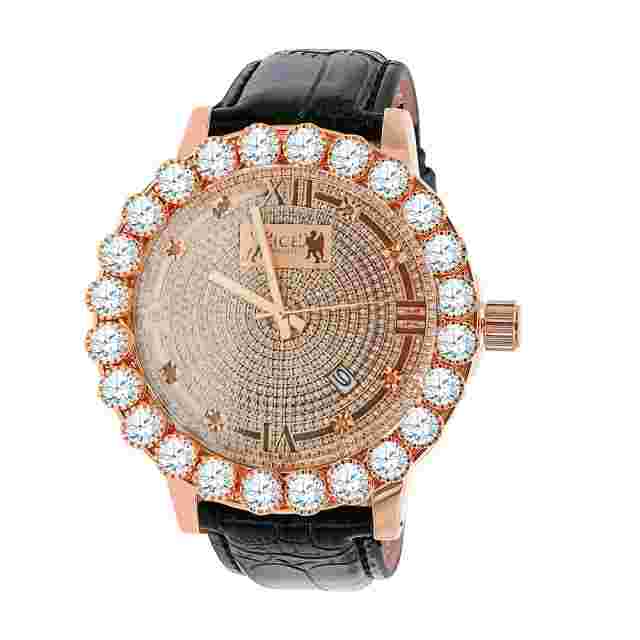 Men's Real Diamonds Dial Solitaire Bezel Rose Gold Genuine Leather Iceouse Watch