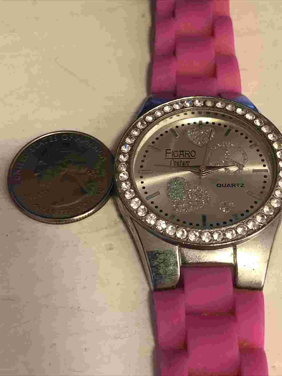 Figaro Couture Silver Tone Pink Crystal Heart Peace Sign Silicone Watch