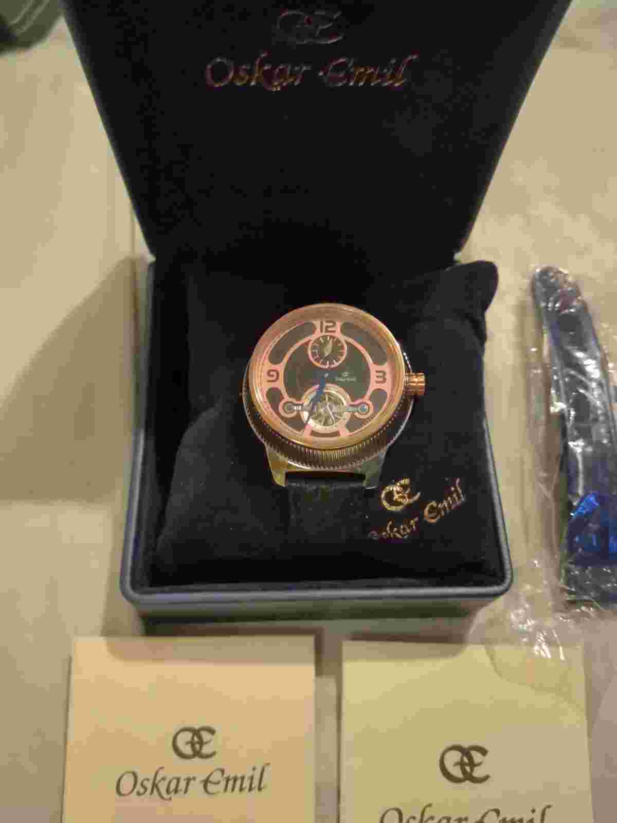 OSKAR EMIL AUTOMATIC 20 JEWEL WATCH DUSKY PINK AND BLACK DIAL LEATHER STRAP