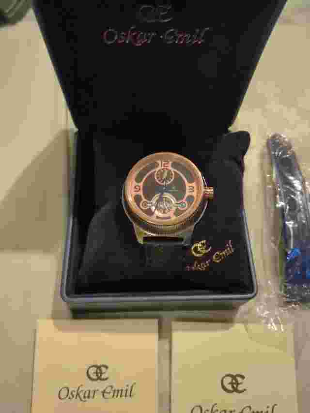 OSKAR EMIL AUTOMATIC 20 JEWEL WATCH DUSKY PINK AND BLACK DIAL LEATHER STRAP