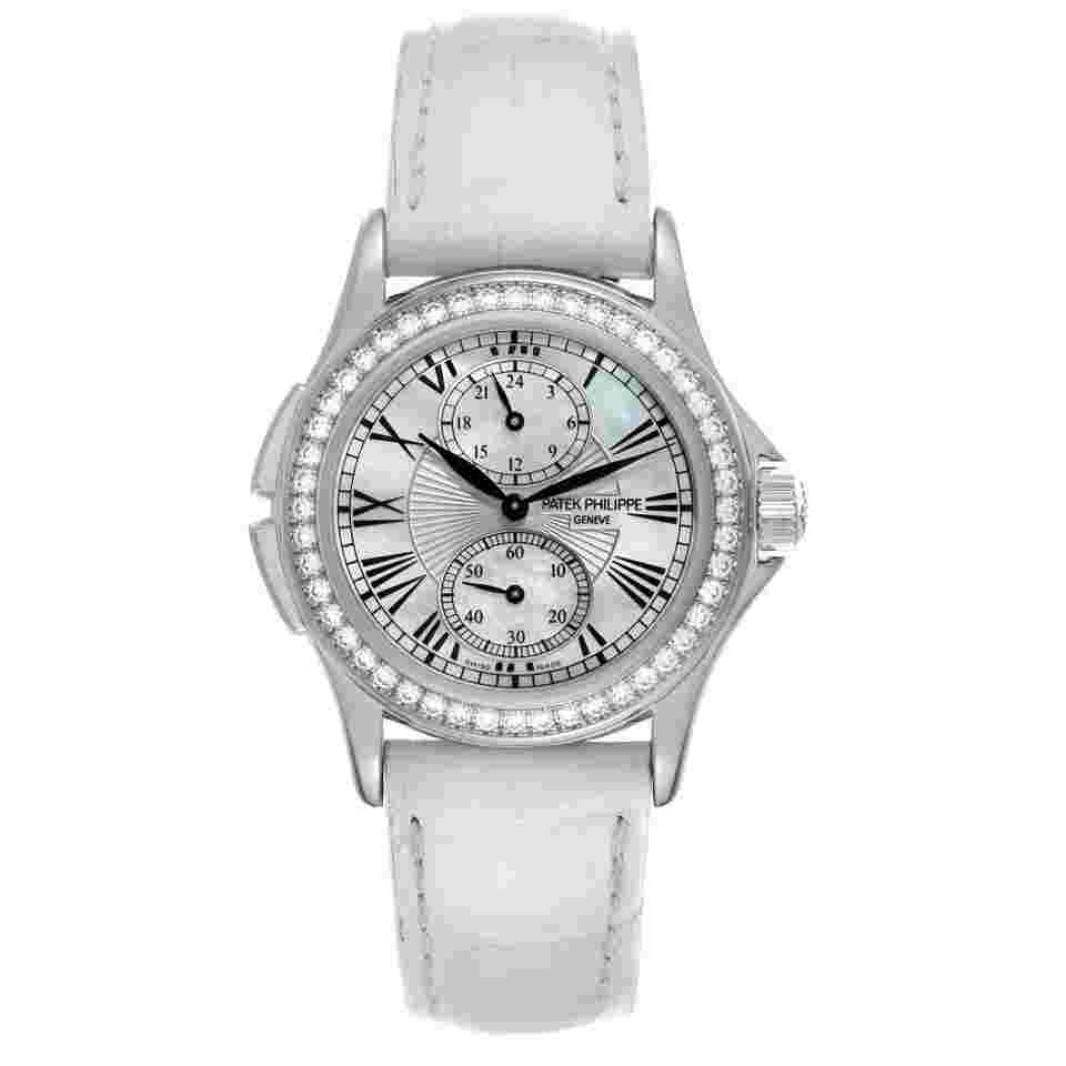 Patek Philippe Calatrava Travel Time White Gold MOP Diamond Ladies Watch 4934