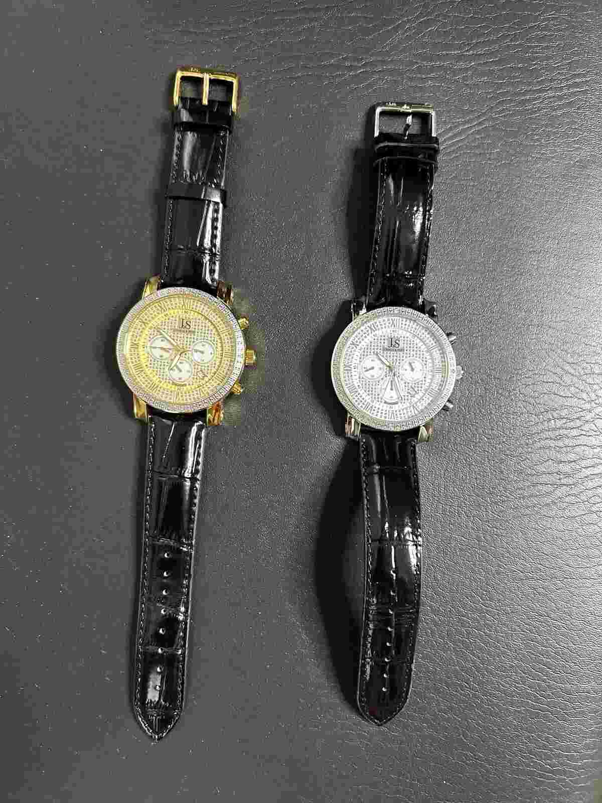 TWO Joshua & Sons Genuine paved Diamond bezel Chronograph black Leather Watch’s!