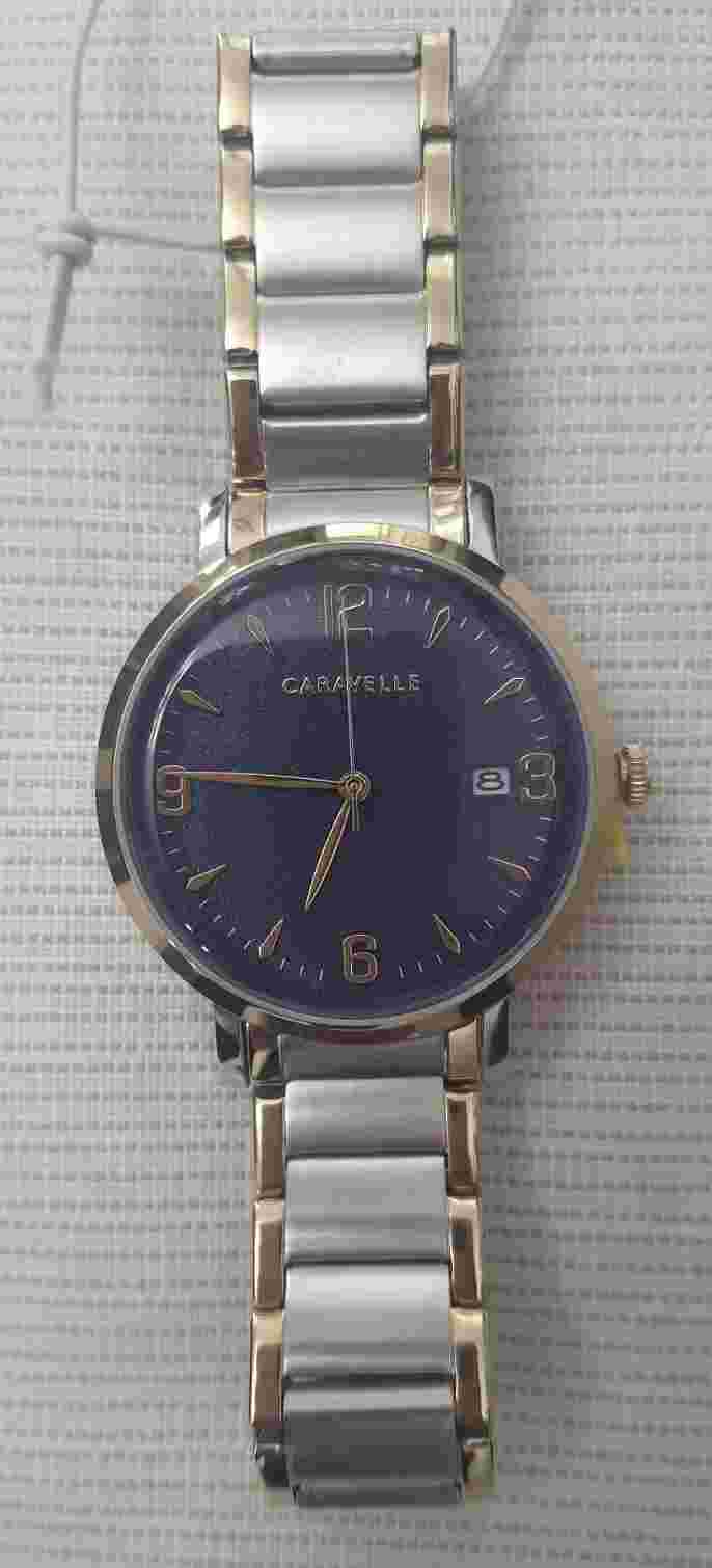 NIB Caravelle by Bulova Men's Two-Tone Bracelet Watch Blue Dial with Day 45A149