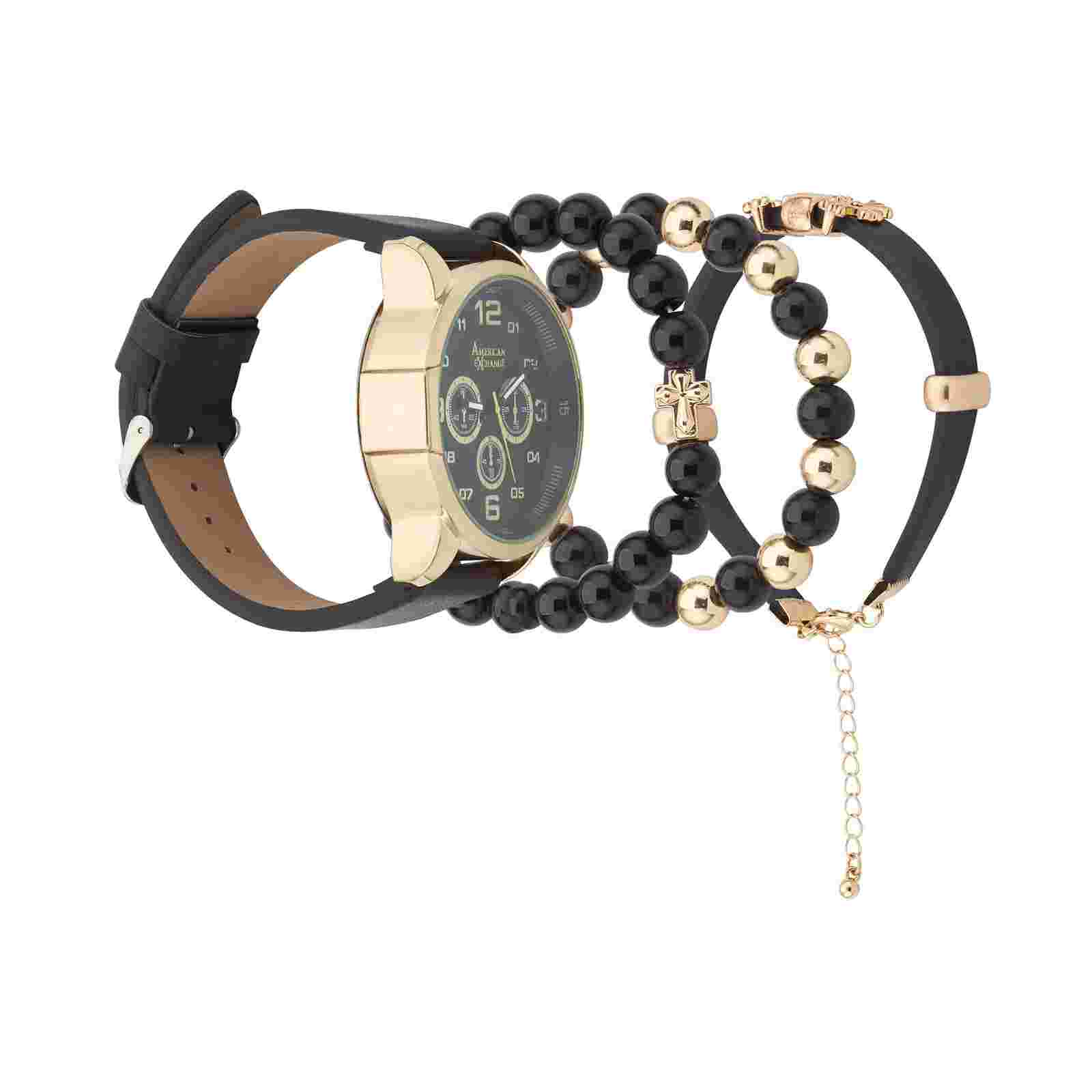 Men's Leather Gold Watch & Stackable Set