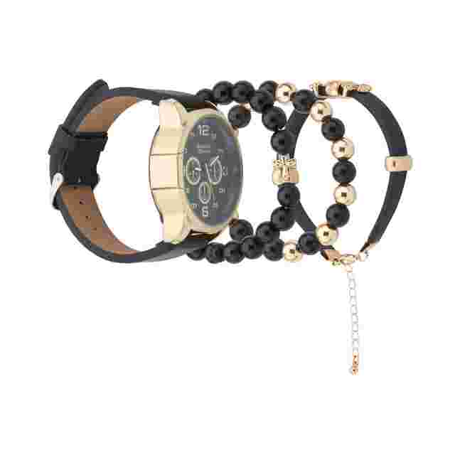 Men's Leather Gold Watch & Stackable Set