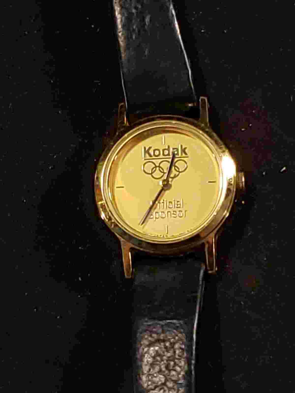Vintage Gold Tone Watch Kodak Olympic Sponsor Logo Face Leather Band WORKS