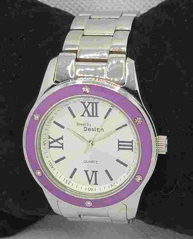 Ladies Steel by Design Silver Tone Case Dial Purple Paved Bezel Analog Watch J6