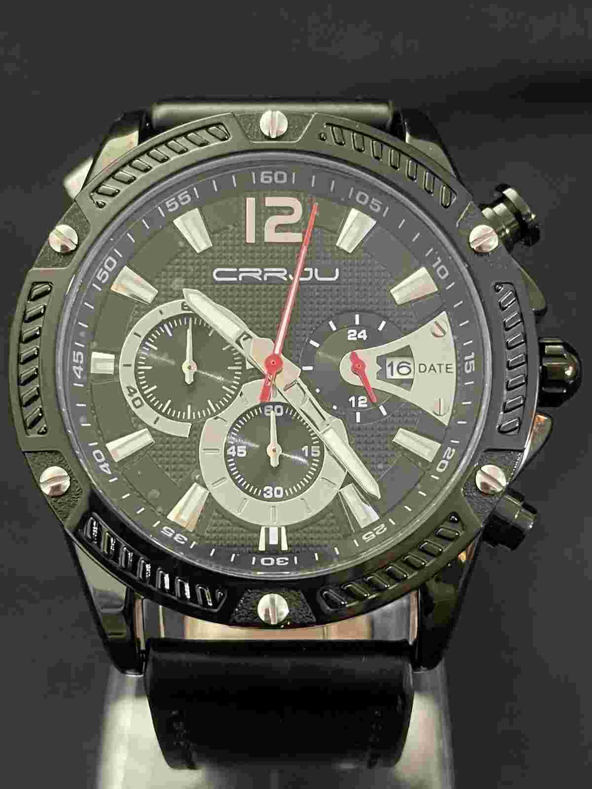 CRRJU Black Mens Large Quartz Military Chronograph