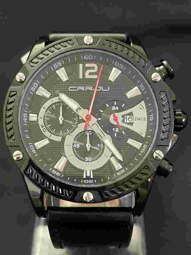 CRRJU Black Mens Large Quartz Military Chronograph