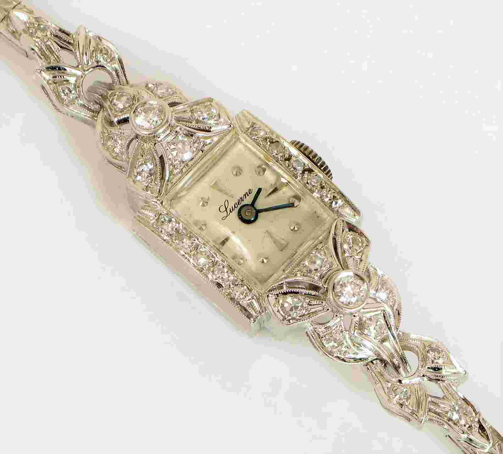VINTAGE LUCERNE 14K WHITE GOLD DIAMOND ART DECO WRISTWATCH BEAUTIFUL SWISS MOV'T