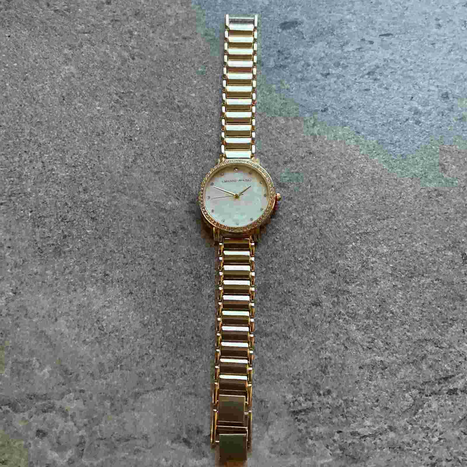 Adrienne Vittadini Womens Watch 34mm Gold Tone Case Crystal Accent Bezel D3