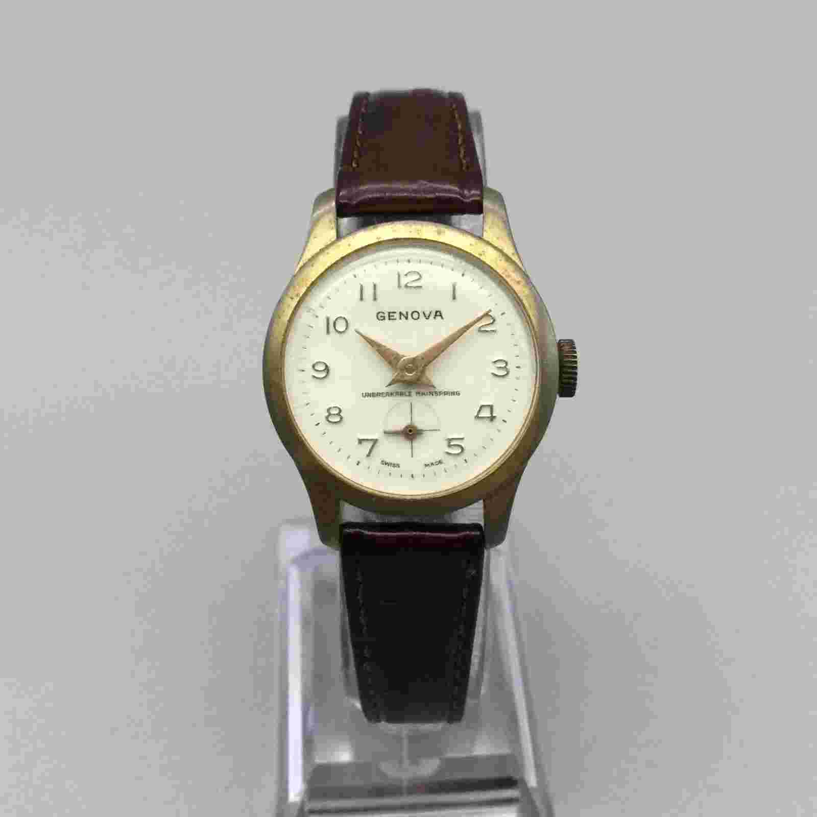 Vtg Genova Watch Women 26mm Gold Tone Small Seconds Leather Swiss Manual Wind
