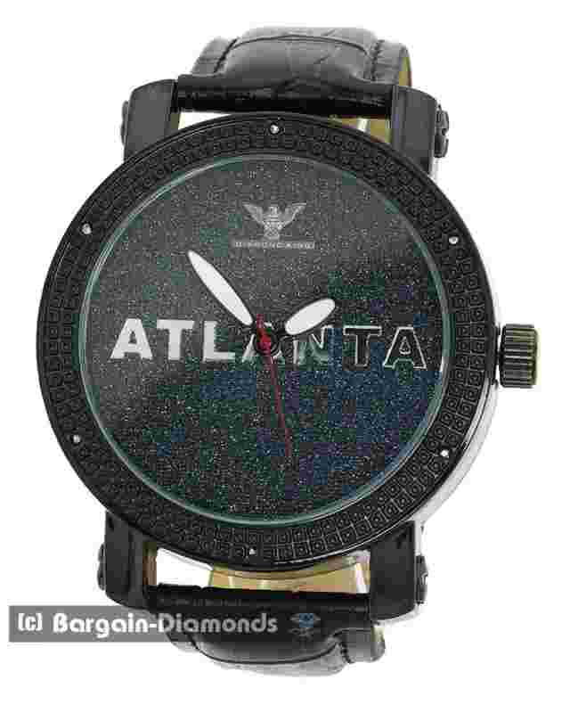 Mens ATLANTA Natural Diamond Black Clubbing Watch Bling Dial to 8.5" Leather
