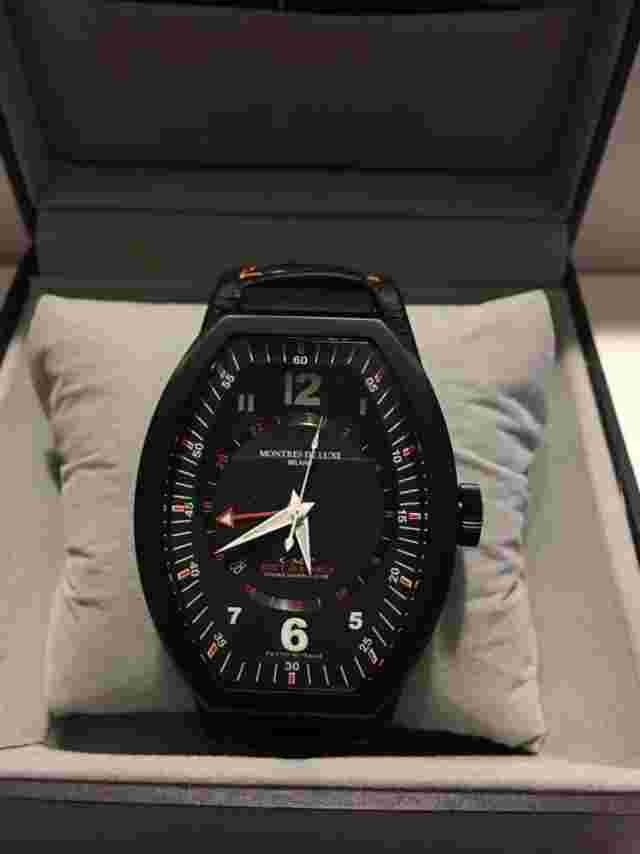 Montres De Luxe Mens GMT Estremo Black white orange Tonneau Leather Watch NEW