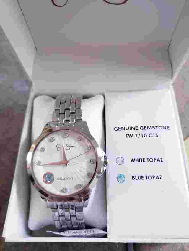 NWTinBox* JessicaSimpson Womens Gorgeous GenGemstone Silver Topaz Watch MSRP$100