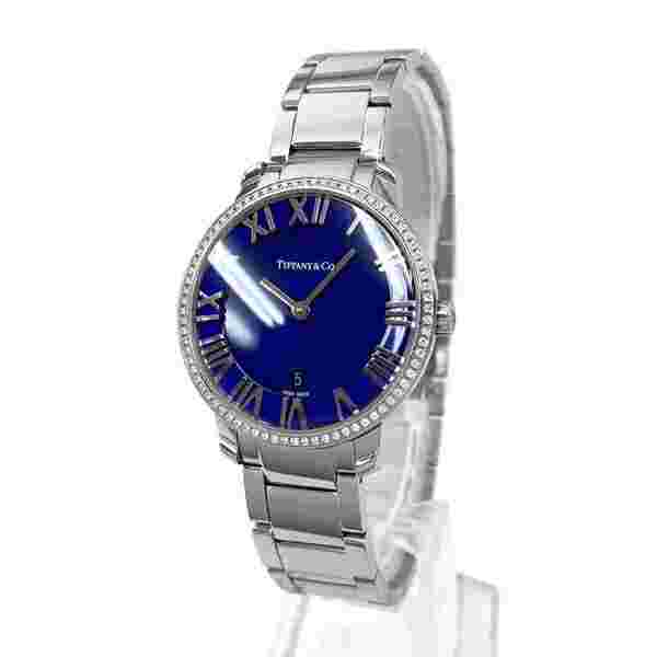 AUTH TIFFANY&CO. WATCH ATLAS 2HAND 34876193 QUARTZ SS DIAMOND BEZEL BLUE 31MM