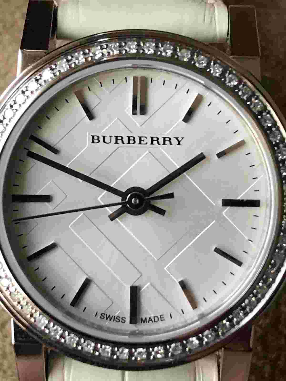 Burberry BU9221 Swiss 54 Diamonds Bezel Silver Tone Alligator Band Watch